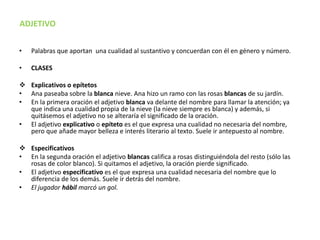 ADJETIVO
• Palabras que aportan una cualidad al sustantivo y concuerdan con él en género y número.
• CLASES
 Explicativos...