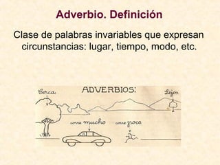 Adverbio. Definición
Clase de palabras invariables que expresan
circunstancias: lugar, tiempo, modo, etc.
 