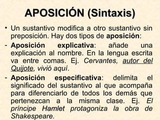 APOSICIÓN (Sintaxis)APOSICIÓN (Sintaxis)
• Un sustantivo modifica a otro sustantivo sin
preposición. Hay dos tipos de aposición:
- Aposición explicativa: añade una
explicación al nombre. En la lengua escrita
va entre comas. Ej. Cervantes, autor del
Quijote, vivió aquí.
- Aposición especificativa: delimita el
significado del sustantivo al que acompaña
para diferenciarlo de todos los demás que
pertenezcan a la misma clase. Ej. El
príncipe HamletHamlet protagoniza la obra de
Shakespeare.
 