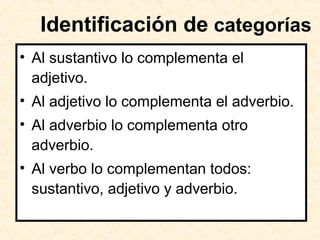 Identificación de categorías
• Al sustantivo lo complementa el
adjetivo.
• Al adjetivo lo complementa el adverbio.
• Al adverbio lo complementa otro
adverbio.
• Al verbo lo complementan todos:
sustantivo, adjetivo y adverbio.
 