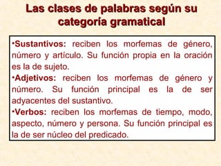 Las clases de palabras según suLas clases de palabras según su
categoría gramaticalcategoría gramatical
•Sustantivos: reciben los morfemas de género,
número y artículo. Su función propia en la oración
es la de sujeto.
•Adjetivos: reciben los morfemas de género y
número. Su función principal es la de ser
adyacentes del sustantivo.
•Verbos: reciben los morfemas de tiempo, modo,
aspecto, número y persona. Su función principal es
la de ser núcleo del predicado.
 