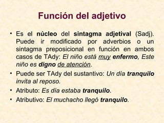 Función del adjetivo
• Es el núcleo del sintagma adjetival (Sadj).
Puede ir modificado por adverbios o un
sintagma preposicional en función en ambos
casos de TAdy: El niño está muy enfermo, Este
niño es digno de atención.
• Puede ser TAdy del sustantivo: Un día tranquilo
invita al reposo.
• Atributo: Es día estaba tranquilo.
• Atributivo: El muchacho llegó tranquilo.
 