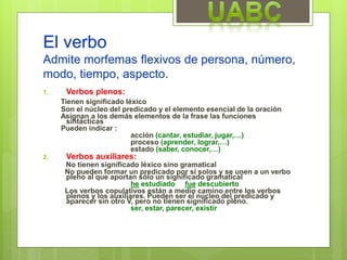 El verbo
Admite morfemas flexivos de persona, número,
modo, tiempo, aspecto.
1. Verbos plenos:
Tienen significado léxico
Son el núcleo del predicado y el elemento esencial de la oración
Asignan a los demás elementos de la frase las funciones
sintácticas
Pueden indicar :
acción (cantar, estudiar, jugar,…)
proceso (aprender, lograr,…)
estado (saber, conocer,…)
2. Verbos auxiliares:
No tienen significado léxico sino gramatical
No pueden formar un predicado por sí solos y se unen a un verbo
pleno al que aportan sólo un significado gramatical
he estudiado fue descubierto
Los verbos copulativos están a medio camino entre los verbos
plenos y los auxiliares. Pueden ser el núcleo del predicado y
aparecer sin otro V, pero no tienen significado pleno.
ser, estar, parecer, existir
 