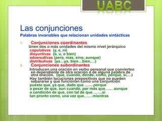 Las conjunciones
Palabras invariables que relacionan unidades sintácticas
1. Conjunciones coordinantes
Unen dos o más unidades del mismo nivel jerárquico
copulativas (y, e, ni)
disyuntivas (o, u, o bien)
adversativas (pero, mas, sino, aunque)
distributivas (ya…ya, bien…bien,…)
2. Conjunciones subordinantes
Introducen una oración en verbo personal que convierten
en dependiente de otra oración o de alguna palabra de
otra oración. (que, cuando, donde, como, porque, si,…)
Hay también locuciones prepositivas que no pueden
separarse y que funcionan como una conjunción
puesto que, ya que, dado que …….porque
a pesar de que, aun cuando, por más que…… aunque
a condición de que, con tal de que……..si
tan pronto como, una vez que…….mientras
 