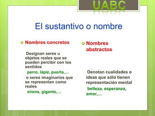 El sustantivo o nombre
 Nombres concretos
Designan seres u
objetos reales que se
pueden percibir con los
sentidos
perro, lápiz, puerta,…
o seres imaginarios que
se representan como
reales
sirena, gigante,…
 Nombres
abstractos
Denotan cualidades o
ideas que sólo tienen
representación mental
belleza, esperanza,
amor,…
 