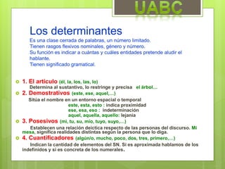 Los determinantes
Es una clase cerrada de palabras, un número limitado.
Tienen rasgos flexivos nominales, género y número.
Su función es indicar a cuántas y cuáles entidades pretende aludir el
hablante.
Tienen significado gramatical.
 1. El artículo (él, la, los, las, lo)
Determina al sustantivo, lo restringe y precisa el árbol…
 2. Demostrativos (este, ese, aquel,…)
Sitúa el nombre en un entorno espacial o temporal
este, esta, esto : indica proximidad
ese, esa, eso : indeterminación
aquel, aquella, aquello: lejanía
 3. Posesivos (mi, tu, su, mío, tuyo, suyo,…)
Establecen una relación deíctica respecto de las personas del discurso. Mi
mesa, significa realidades distintas según la persona que lo diga.
 4. Cuantificadores (algún/o, mucho, poco, dos, tres, primero,…)
Indican la cantidad de elementos del SN. Si es aproximada hablamos de los
indefinidos y si es concreta de los numerales.
 
