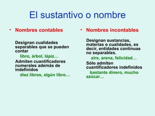 El sustantivo o nombre Nombres contables Designan cualidades separables que se pueden contar libro, árbol, lápiz… Admiten cuantificadores numerales además de indefinidos diez libros, algún libro… Nombres incontables Designan sustancias, materias o cualidades, es decir, entidades continuas no separables. aire, arena, felicidad… Sólo admiten cuantificadores indefinidos bastante dinero, mucho azúcar… 