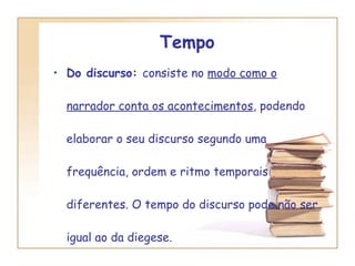 Tempo Do discurso:  consiste no  modo como o   narrador conta os acontecimentos , podendo elaborar o seu discurso segundo uma frequência, ordem e ritmo temporais diferentes. O tempo do discurso pode não ser igual ao da diegese.  