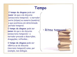 Tempo O  tempo da diegese  pode ser  maior  do que o do discurso (anisocronia temporal) – o narrador omite (elipse) ou sumaria (sumário) o que aconteceu em determinado período temporal. O  tempo da diegese  pode ser  menor  do que o do discurso (anisocronia temporal) – o narrador procede a descrições, divagações, reflexões... O  tempo da diegese  pode ser idêntico ao do discurso (isocronia temporal) como, por exemplo, nos diálogos. Ritmo temporal 