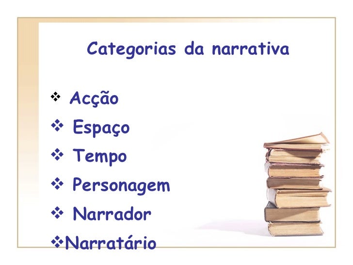 Categorias da narrativa <ul><li>Acção </li></ul><ul><li>Espaço </li></ul><ul><li>Tempo </li></ul><ul><li>Personagem </li><...