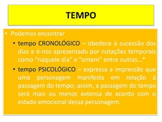 TEMPO
• Podemos encontrar
• tempo CRONOLÓGICO – obedece à sucessão dos
dias e é-nos apresentado por notações temporais
como “naquele dia” e “ontem” entre outras…*
• tempo PSICOLÓGICO – expressa a impressão que
uma personagem manifesta em relação à
passagem do tempo; assim, a passagem do tempo
será mais ou menos extensa de acordo com o
estado emocional dessa personagem.
 