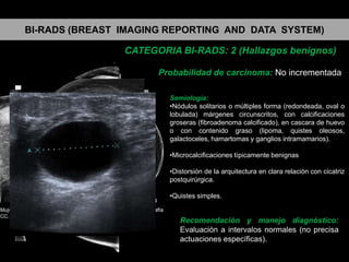 BI-RADS (BREAST IMAGING REPORTING AND DATA SYSTEM)
CATEGORIA BI-RADS: 2 (Hallazgos benignos)
Probabilidad de carcinoma: No incrementada
Semiología:
•Nódulos solitarios o múltiples forma (redondeada, oval o
lobulada) márgenes circunscritos, con calcificaciones
groseras (fibroadenoma calcificado), en cascara de huevo
o con contenido graso (lipoma, quistes oleosos,
galactoceles, hamartomas y ganglios intramamarios).
•Microcalcificaciones típicamente benignas
•Distorsión de la arquitectura en clara relación con cicatriz
postquirúrgica.
•Quistes simples.

Recomendación y manejo diagnóstico:
Evaluación a intervalos normales (no precisa
actuaciones específicas).

 