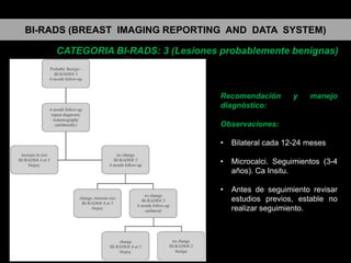 BI-RADS (BREAST IMAGING REPORTING AND DATA SYSTEM)
CATEGORIA BI-RADS: 3 (Lesiones probablemente benignas)

Recomendación
diagnóstico:

y

manejo

Observaciones:
•

Bilateral cada 12-24 meses

•

Microcalci. Seguimientos (3-4
años). Ca Insitu.

•

Antes de seguimiento revisar
estudios previos, estable no
realizar seguimiento.

 