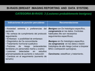 BI-RADS (BREAST IMAGING REPORTING AND DATA SYSTEM)
CATEGORIA BI-RADS: 3 (Lesiones probablemente benignas)

Indicaciones de punción percutánea
• Ansiedad extrema o preferencias del
paciente
• No certeza de cumplimiento del protocolo
seguimiento
• Embarazo o posibilidad de embarazo
• Diagnóstico de Ca concomitante
• Tratamiento hormonal sustitutivo
• Factores
de
riesgo
(antecedentes
familiares y/o personales mama u ovario)
• Lesiones
detectadas
en
estudios
premamoplastia de aumento o reducción
• Cambios en el seguimiento (aumento de
tamaño)

Recomendaciones
Benigno con Dx histológico específico,
congruencia en los datos; Controles
habituales (No son necesarios
seguimientos específicos).
Benigno sin Dx histológico específico,
no congruencia en los datos o lesión
histológica de alto riesgo (volver a biopsiar
BAG o extirpación quirúrgica).
Carcinoma; estadificar y tratamiento.

 