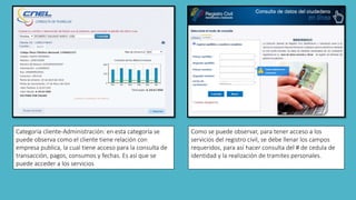 Categoría cliente-Administración: en esta categoría se
puede observa como el cliente tiene relación con
empresa publica, la cual tiene acceso para la consulta de
transacción, pagos, consumos y fechas. Es así que se
puede acceder a los servicios
Como se puede observar, para tener acceso a los
servicios del registro civil, se debe llenar los campos
requeridos, para así hacer consulta del # de cedula de
identidad y la realización de tramites personales.
 