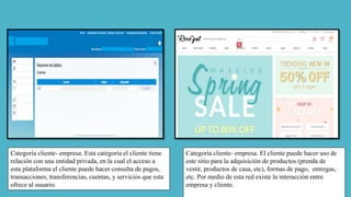 Categoría cliente- empresa. Esta categoría el cliente tiene
relación con una entidad privada, en la cual el acceso a
esta plataforma el cliente puede hacer consulta de pagos,
transacciones, transferencias, cuentas, y servicios que esta
ofrece al usuario.
Categoría cliente- empresa. El cliente puede hacer uso de
este sitio para la adquisición de productos (prenda de
vestir, productos de casa, etc), formas de pago, entregas,
etc. Por medio de esta red existe la interacción entre
empresa y cliente.
 