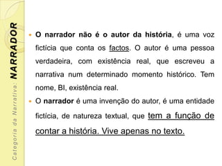NARRADOR

                               O narrador não é o autor da história, é uma voz
                                fictícia que conta os factos. O autor é uma pessoa
                                verdadeira, com existência real, que escreveu a
                                narrativa num determinado momento histórico. Tem
  Categoria da Narrativa:




                                nome, BI, existência real.
                               O narrador é uma invenção do autor, é uma entidade

                                fictícia, de natureza textual, que tem a função de

                                contar a história. Vive apenas no texto.
 