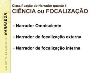 Classificação do Narrador quanto à
                           CIÊNCIA ou FOCALIZAÇÃO
NARRADOR




                              Narrador Omnisciente

                              Narrador de focalização externa
 Categoria da Narrativa:




                              Narrador de focalização interna
 