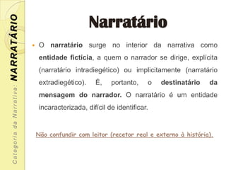 Narratário
N A R R AT Á R I O


                                  O narratário surge no interior da narrativa como
                                   entidade fictícia, a quem o narrador se dirige, explícita
                                   (narratário intradiegético) ou implicitamente (narratário
                                   extradiegético).    É,    portanto,    o   destinatário   da
    Categoria da Narrativa:




                                   mensagem do narrador. O narratário é um entidade
                                   incaracterizada, difícil de identificar.


                                  Não confundir com leitor (recetor real e externo à história).
 