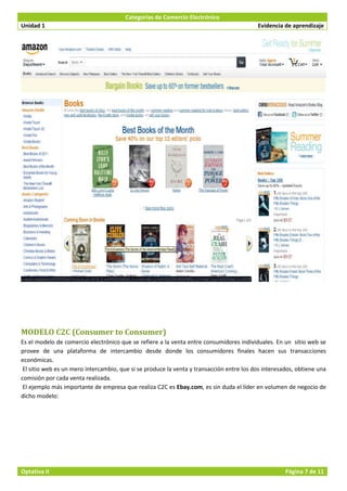 Categorías de Comercio Electrónico
Unidad 1                                                                                  Evidencia de aprendizaje




MODELO C2C (Consumer to Consumer)
Es el modelo de comercio electrónico que se refiere a la venta entre consumidores individuales. En un sitio web se
provee de una plataforma de intercambio desde donde los consumidores finales hacen sus transacciones
económicas.
 El sitio web es un mero intercambio, que si se produce la venta y transacción entre los dos interesados, obtiene una
comisión por cada venta realizada.
 El ejemplo más importante de empresa que realiza C2C es Ebay.com, es sin duda el líder en volumen de negocio de
dicho modelo:




Optativa II                                                                                          Página 7 de 11
 