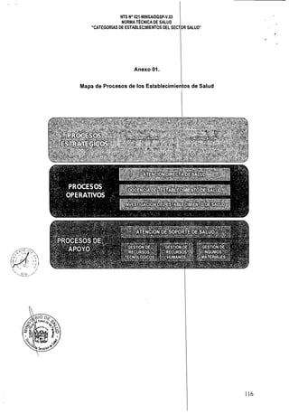 NTS N" 021·MINSAlDGSp·V.03 

NORMA TÉCNICA DE SALUD 

"CATEGORíAS DE ESTABLECIMIENTOS DEL C>~/""TI'I>SALUD" 

Anexo 01. 

Mapa de Procesos de los Establecimi.",'·tnc> de Salud 

116
 