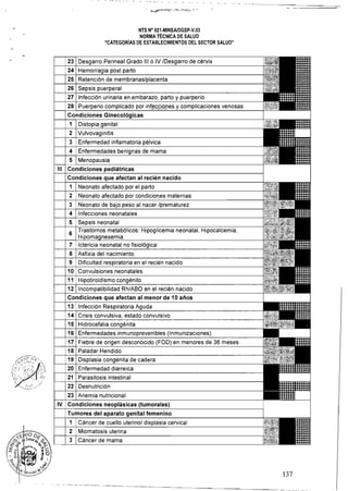 NTS N° 021·MINSAlDGSP·V.OJ
NORMA TÉCNICA DE SALUD
"CATEGORíAS DE ESTABLECIMIENTOS DEL SECTOR SALUD"
23 Desgarro Perineal Grado 111 o IV /Desgarro de cérvix
24 Hemorragia post parto
25 Retención de membranas/placenta
26 Sepsis puerperal
137
 