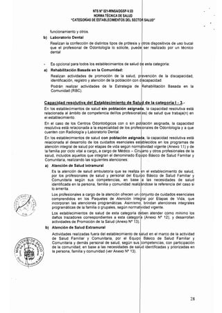 NTS N" 021·MINSAlDGSP·V.03 

NORMA TÉCNICA DE SALUD 

"CATEGORÍAS DE ESTABLECIMIENTOS DEL SECTOR SALUD" 

funcionamiento y otros.
b) Laboratorio Dental
Realizan la confección de distintos tipos de prótesis y otros dispositivos de uso bucal
que el profesional de Odontologla lo solicite, puede ser realizado por un técnico
dental
Es opcional para todos los establecimientos de salud de esta categorla:
al Rehabilitación Basada en la Comunidad: I
Realizan actividades de promoción de la salud, pr~vención de la discapacidad,
identificación, registro y atención de la población con discapacidad.
I
Podrán realizar actividades de la Estrategia de Rehabilitación Basada en la
Comunidad (RBC).
Capacidad resolutiva del Establecimiento de Salua de la categoría I - 3.­
I
En los establecimientos de salud sin población asignad,a, la capacidad resolutiva está
relacionada al ámbito de competencia del/los profesional{es) de salud que trabaja(n) en
el establecimiento. I
En el caso de los Centros Odontológicos con o sin pol?lación asignada, la capacidad
resolutiva está relacionada a la especialidad de los profesionales de Odontología y a que
cuenten con Radiología y Laboratorio Dental. I
En los establecimientos de salud con población asignada, la capacidad resolutiva está
relacionada al desarrollo de los cuidados esenciales es~blecidos en los programas de
atención integral de salud por etapas de vida según normatividad vigente (Anexo 11) Yde
la familia por ciclo vital a cargo, a cargo de Médico - CirUjano y otros profesionales de la
salud, incluidos aquellos que integran el denominado Eq¡!Jipo Básico de Salud Familiar y
Comunitaria, realizando las siguientes atenciones:
a) Atención de Salud Intramural
Es la atención de salud ambulatoria que se realiza en el establecimiento de salud,
por los profesionales de salud y personal del Equipo Básico de Salud Familiar y
Comunitaria según sus competencias, en base la las necesidades de salud
identificada en la persona, familia y comunidad realizándose la referencia del caso si
lo amerita. I
Los profesionales a cargo de la atención ofrecen un conjunto de cuidados esenciales
comprendidos en los Paquetes de Atención Integral por Etapas de Vida, que
incorporan las atenciones programáticas. Asimism~, brindan atenciones integrales
programáticas de la familia o grupales, según normatividad vigente.
Los establecimientos de salud de esta categoría d~ben atender como mínimo los
daños trazadores correspondientes a esta categoríb (Anexo N° 12), Y desarrollan
actividades de Promoción de la Salud (Anexo N° 13).
b) Atención de Salud Extramural
Actividades realizadas fuera del establecimiento de salud en el marco de la actividad
de Salud Familiar y Comunitaria, por el Equipd Básico de Salud Familiar y
Comunitaria y demás personal de salud, según sus :competencias, con participación
de la comunidad; en base a las necesidades de salud identificadas y priorizadas en
la persona, familia y comunidad (ver Anexo N° 13).
28
 