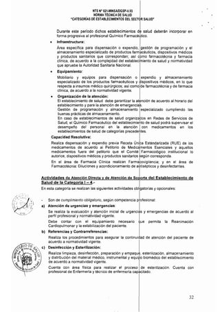 NTS W 021·MINSAlDGSP·V.03 

NORMA TÉCNICA DE SALUD 

"CATEGORíAS DE ESTABLECIMIENTOS DEL SECTOR SALUD" 

Durante este período dichos establecimientos di salud deberán incorporar en
forma progresiva al profesional Químico FarmacéÚtico.
• 	 Infraestructura:
Area específica para dispensación o expendio, gestión de programación y el
almacenamiento especializado de productos farmacéuticos, dispositivos médicos
y productos sanitarios que correspondan; asi cÓmo farmacotécnia y farmacia
clinica, de acuerdo a la complejidad del establedniento de salud y normatividad
que apruebe la Autoridad Sanitaria Nacional.
• 	 Equipamiento:
Mobiliario y equipos para dispensación o expendio y almacenamiento
especializado de los productos farmacéuticos y dispositivos médicos, en lo que
respecta a insumos médico quirúrgicos; así como de farmacotécnia y de farmacia
cHnica, de acuerdo a la normatividad vigente.
• 	 Organización de la atención:
El establecimiento de salud debe garantizar la atención de acuerdo al horario del
establecimiento y para la atención de emergencia~.
Gestión de programación y almacenamiento Iespecializado cumpliendo las
buenas prácticas de almacenamiento.
En caso de establecimientos de salud organizados en Redes de Servicios de
Salud, el Químico Farmacéutico del establecimiehto de salud podrá supervisar el
desempeño del personal en la atención Icon medicamentos en los
establecimientos de salud de categorías precedentes.
Capacidad Resolutiva: . I
Realiza dispensación y expendio previa Receta Unica Estandarizada (RUE) de los
medicamentos de acuerdo al Petitorio de Medic~mentos Esenciales y aquellos
medicamentos fuera del petitorio que el Comité IFarmacológico institucional lo
autorice, dispositivos médicos y productos sanitarios según corresponda.
En 	 el área de Farmacia Clínica realizan Farmabovigilancia; y en el área de
Farmacotécnia: Diluciones y acondicionamiento de atséPtiCOS y desinfectantes.
Actividades de Atención Directa y de Atención de Soporte del Establecimiento de
Salud de la Categoría I- 4.- I
En esta categoría se realizan las siguientes actividades obligatorias y opcionales:
Son de cumplimiento obligatono, según competencia pLfesional:
a) 	 Atención de urgencias y emergencias: I
Se realiza la evaluación y atención inicial de urgencias y emergencias de acuerdo al
perfil profesional y normatividad vigente. I
Debe contar con el equipamiento necesario que permita la Reanimación
Cardiopulmonar y la estabilización del paciente.
b) 	 Referencias y Contrarreferencias:
Realiza los procedimientos para asegurar la continuidad de atención del paciente de
acuerdo a normatividad vigente,
Desinfección y Esterilización:
Realiza limpieza, desinfección, preparación y empaque, esterilización, almacenamiento
y distribución del material médico, instrumental y equipo biomédico del establecimiento
de acuerdo a normatividad vigente, I
Cuenta con área física para realizar el proceso de esterilización, Cuenta con
profesional de Enfermería y técnico de enfermería capacitado.
32
 