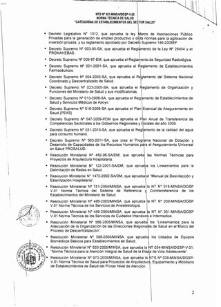 NTS N" 021·MINSAlDGSP·V.03 

NORMA TÉCNICA DE SALUD 

"CATEGORÍAS DE ESTABLECIMIENTOS DEL SECTOR SALUD" 

 	 ~
• 	 Decreto LegiSlativo N" 1012, que aprueba la ley Marco de Asociaciones Público
Privadas para la generación de empleo productivo y ditta normas para la agilización de
inversión privada, y su reglamento aprobado por Decretb Supremo 146-2008EF
I• 	 Decreto Supremo W 003-95-SA, que aprueba el Reglamento de la Ley N° 26454 Y el
PRONAHEBAS. 
• 	 Decreto Supremo N° 009-97-EM, que aprueba el Reglamento de Seguridad Radiológica.
I
• 	 Decreto Supremo N° 021-2001-SA, que aprueba el Reglamento de Establecimientos
Farmacéuticos. 
• 	 Decreto Supremo N° 004-2003-SA, que aprueba el Reglamento del Sistema Nacional
Coordinado y Descentralizado de Salud. 
• 	 Decreto Supremo N° 023-2005-SA, que aprueba el Reglamento de Organización y
Funciones del Ministerio de Salud y sus modificatorias.
• 	 Decreto Supremo N° 013-2006-SA, que aprueba el Reglamento de Establecimientos de
Salud y Servicios Médicos de Apoyo. 
• 	 Decreto Supremo N° 016-2009-SA que aprueba el Plan Esencial de Aseguramiento en 

Salud (PEAS) 

• 	 Decreto Supremo N° 047-2009·PCM que aprueba el Plan Anual de Transferencia de 

Competencias Sectoriales a los Gobiernos Regionales y Ilocales del ar'lo 2009. 

• 	 Decreto Supremo N° 031-2010-SA. que aprueba el Regl~mento de la calidad del agua 

para consumo humano.  

• 	 Decreto Supremo W 003-2011-SA, que crea el Programa Nacional de Dotación y 

Desarrollo de Capacidades de los Recursos Humanos pclra el Aseguramiento Universal 

en Salud PROSALUD.  

• 	 Resolución Ministerial N" 482-96-SAlDM, que aprueba las Normas Técnicas para 

Proyectos de Arquitectura Hospitalaria.  

• 	 Resolución Ministerial N" 122-2001-SAlDM, que aprueba los Lineamientos para la 

Delimitación de Redes en Salud. 

• 	 Resolución Ministerial N" 1472-2002-SAlDM, que aprueba el "Manual de Desinfección y 

Esterilización Hospitalaria". 

• 	 Resolución Ministerial N° 751-2004/MINSA, que aprueba la NT N" 018-MINSAlDGSP 

V.Ol Norma Técnica del Sistema de Referencia y, Contrarreferencia de los 

Establecimientos del Ministerio de Salud.  

• 	 Resolución Ministerial N° 486-2005/MINSA, que aprueba la NT W 030-MINSAlDGSP 

V.Ol Norma Técnica de los Servicios de Anestesiología. 

• 	 Resolución Ministerial N° 489-2005/MINSA, que aprueba la NT N° 031-MINSAlDGSP 

V.Ol Norma Técnica de los Servicios de Cuidados Intensivok e Intermedios. 

• 	 Resolución Ministerial N° 566-2005/MINSA, que aprueba~ los "Lineamientos para la 

Adecuación de la Organización de las Direcciones Regionales de Salud en el Marco del 

Proceso de Descentralización".  

• 	 Resolución Ministerial N° 588-2005/MINSA, que aprueba los Listados de Equipos 

Biomédicos Básicos para Establecimientos de Salud.  

• 	 Resolución Ministerial N° 633-2005/MINSA, que aprueba la NT 034-MINSAlDGSP-V.01:
"Norma Técnica para la Atención Integral de Salud de la Etapa de Vida Adolescente". 

I 

• 	 Resolución Ministerial N" 970-2005/MINSA, que aprueba la NTS N° 038-MINSAlDGSP­
V.01 Norma Técnica de Salud para Proyectos de Arquitectur~, Equipamiento y Mobiliario
de Establecimientos de Salud del Primer Nivel de Atención.
2 

 