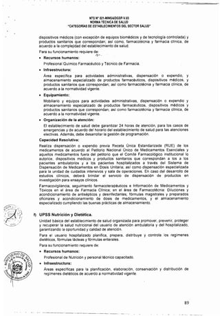 NTS N° 021-MINSAlDGSP-V,03 

NORMA TÉCNICA DE SALUD 

"CATEGORiAS DE ESTABLECIMIENTOS DEL SECTOR SALUD" 

dispositivos médicos (con excepción de equipos biomédicos yde tecnología controlada) y
productos sanitarios que correspondan; así como, fanmacotécnia y farmacia clínica, de
acuerdo a la complejidad del establecimiento de salud,
Para su funcionamiento requiere de:
,,]., .
• 	 Recursos humanos: 

Profesional Qufmico Farmacéutico y Técnico de Farmacia. 

• 	 Infraestructura:
Área especifica para actividades administrativas, dispensación o expendio, y
almacenamiento especializado de productos farmacéuticos, dispositivos médicos, y
productos sanitarios que correspondan; así como farmacotécnia y farmacia clínica, de
acuerdo a la normatividad vigente.
• 	 Equipamiento:
Mobiliario y equipos para actividades administrativas, dispensación o expendio y
almacenamiento especializado de productos farmacéuticos, dispositivos médicos y
productos sanitarios que correspondan; así como farmacotécnia y farmacia clínica, de
acuerdo a la normatividad vigente.
• 	 Organización de la atención:
El establecimiento de salud debe garantizar 24 horas de atención, para los casos de
emergencias y de acuerdo del horario del establecimiento de salud para las atenciones
electivas. Ademas, debe desarrollar la gestión de programación.
Capacidad Resolutiva:
Realiza dispensación o expendio previa Receta Única Estandarizada (RUE) de los
medicamentos de acuerdo al Petitorio Nacional Único de Medicamentos Esenciales y
aquellos medicamentos fuera del petitorio que el Comité Farmacológico institucional lo
autorice, dispositivos médicos y productos sanitarios que correspondan a los a los
pacientes ambulatorios y a los pacientes hospitalizados a través del Sistema de
Dispensación de Medicamentos en Dosis Unitaria; asl como dispensación especializada
para la unidad de cuidados intensivos y sala de operaciones, En caso del desarrollo de
estudios clínicos, deberá brindar el servicio de dispensación de productos en
investigación para ensayos clínicos.
Farmacovigilancia, seguimiento farmacoterapéuticos e Infonmación de Medicamentos y
Tóxicos en el área de Farmacia Cllnica; en el area de Farmacotécnia: Diluciones y
acondicionamiento de antisépticos y desinfectantes; fórmulas magistrales y preparados
oficinales y acondicionamiento de dosis de medicamentos, y el almacenamiento
especializado cumpliendo las buenas prácticas de almacenamiento.
f) 	 UPSS Nutrición y Dietética_
Unidad básica del establecimiento de salud organizada para promover, prevenir, proteger 

y recuperar la salud nutricional del usuario de atención ambulatoria y del hospitalizado, 

garantizando la oportunidad y calidad de atención. 

Para el usuario hospitalizado planifica, prepara, distribuye y controla los regimenes 

dietéticos, fórmulas lacteas y fórmulas enterales. 

Para su funcionamiento requiere de: 

• 	 Recursos humanos: 

Profesional de Nutrición y personal técnico capacitado. 

• 	 Infraestructura:
Áreas especificas para la planificación, elaboración, conservación y distribución de
regimenes dietéticos de acuerdo a normatividad vigente.
89
 