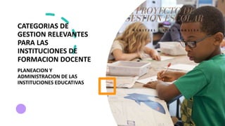 CATEGORIAS DE
GESTION RELEVANTES
PARA LAS
INSTITUCIONES DE
FORMACION DOCENTE
PLANEACION Y
ADMINISTRACION DE LAS
INSTITUCIONES EDUCATIVAS
 