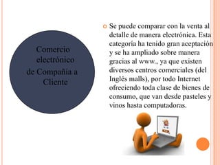 Comercio
electrónico
de Compañía a
Cliente
 Se puede comparar con la venta al
detalle de manera electrónica. Esta
categoría ha tenido gran aceptación
y se ha ampliado sobre manera
gracias al www., ya que existen
diversos centros comerciales (del
Inglés malls), por todo Internet
ofreciendo toda clase de bienes de
consumo, que van desde pasteles y
vinos hasta computadoras.
 