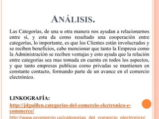 ANÁLISIS.
Las Categorías, de una u otra manera nos ayudan a relacionarnos
entre sí, y esta da como resultado una cooperación entre
categorías, lo importante, es que los Clientes están involucrados y
se reciben beneficios, cabe mencionar que tanto la Empresa como
la Administración se reciben ventajas y esto ayuda que la relación
entre categorías sea mas tomada en cuenta en todos los aspectos,
y que tanto empresas publicas como privadas se mantienen en
constante contacto, formando parte de un avance en el comercio
electrónico.
LINKOGRAFÍA:
http://jdguillen.categorias-del-comercio-electronico-e-
commerce/
 