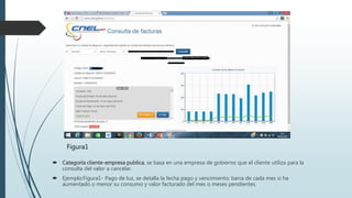  Categoría cliente-empresa publica, se basa en una empresa de gobierno que el cliente utiliza para la
consulta del valor a cancelar.
Ejemplo:Figura1- Pago de luz, se detalla la fecha pago y vencimiento; barra de cada mes si ha
aumentado o menor su consumo y valor facturado del mes o meses pendientes.
Figura1
