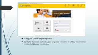  Categoría: cliente-empresa privada
Ejemplo: Banco de pichincha, que se puede consultar el saldo y movimientos
mediante la banca electrónica.