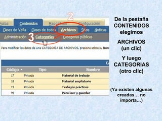 De la pestaña CONTENIDOS elegimos ARCHIVOS (un clic) Y luego CATEGORIAS (otro clic) (Ya existen algunas creadas… no importa…) 2 3 