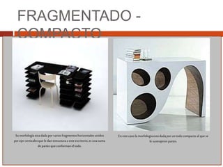FRAGMENTADO -
COMPACTO
Sumorfologíaestadadaporvariosfragmentoshorizontalesunidos
porejesverticalesque le danestructuraaesteescritorio,esuna suma
departesque conformanel todo.
En estecasolamorfologíaestadadaporuntodocompactoal quese
le sustrajeronpartes.
 