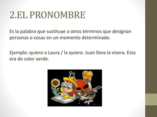 2.EL PRONOMBRE
Es la palabra que sustituye a otros términos que designan
personas o cosas en un momento determinado.
Ejemplo: quiero a Laura / la quiero. Juan lleva la visera. Esta
era de color verde.
 