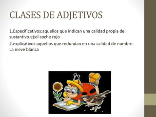 CLASES DE ADJETIVOS
1.Especificativos:aquellos que indican una calidad propia del
sustantivo.ej:el coche rojo
2.explicativos:aquellos que redundan en una calidad de nombre.
La nieve blanca
 