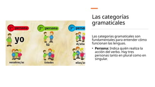 Las categorías
gramaticales
Las categorías gramaticales son
fundamentales para entender cómo
funcionan las lenguas.
• Persona: Indica quién realiza la
acción del verbo. Hay tres
personas tanto en plural como en
singular.
 