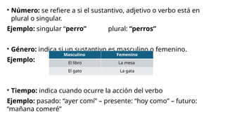 • Número: se refiere a si el sustantivo, adjetivo o verbo está en
plural o singular.
Ejemplo: singular “perro” plural: “perros”
• Género: indica si un sustantivo es masculino o femenino.
Ejemplo:
• Tiempo: indica cuando ocurre la acción del verbo
Ejemplo: pasado: “ayer comí” – presente: “hoy como” – futuro:
“mañana comeré”
Masculino Femenino
El libro La mesa
El gato La gata
 