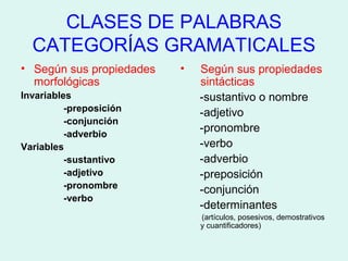 CLASES DE PALABRAS
CATEGORÍAS GRAMATICALES
• Según sus propiedades
morfológicas
Invariables
-preposición
-conjunción
-adverbio
Variables
-sustantivo
-adjetivo
-pronombre
-verbo

•

Según sus propiedades
sintácticas
-sustantivo o nombre
-adjetivo
-pronombre
-verbo
-adverbio
-preposición
-conjunción
-determinantes
(artículos, posesivos, demostrativos
y cuantificadores)

 