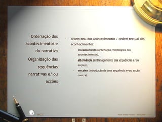- ordem real dos acontecimentos / ordem textual dos
acontecimentos:
- encadeamento (ordenação cronológica dos
acontecimentos),
- alternância (entrelaçamento das sequências e/ou
acções),
- encaixe (introdução de uma sequência e/ou acção
noutra).
EBICC Prof. Teresa Pombo – Abril 2006
ESCO
L
A
B Á S I C A I N T E
G
RADA
Ordenação dos
acontecimentos e
da narrativa
Organização das
sequências
narrativas e/ ou
acções
 