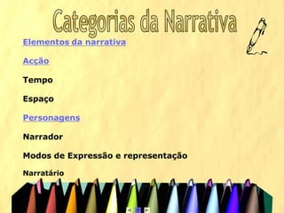 Elementos da narrativa
Acção
Tempo
Espaço
Personagens
Narrador
Modos de Expressão e representação
Narratário
 