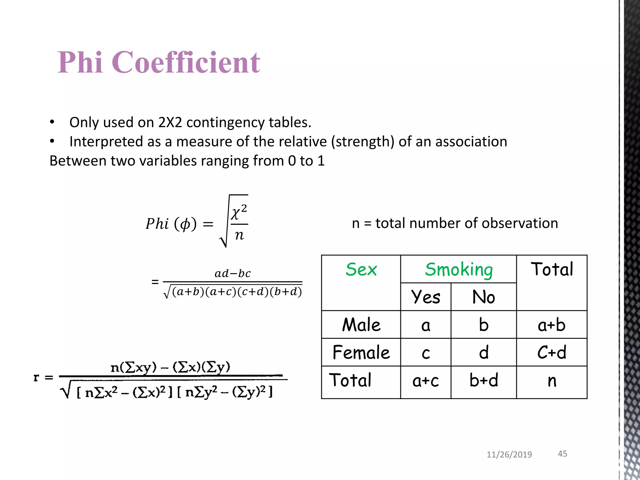Phi Coefficient
• Only used on 2X2 contingency tables.
• Interpreted as a measure of the relative (strength) of an association
Between two variables ranging from 0 to 1
𝑃𝑕𝑖 𝜙 =
𝜒2
𝑛
=
𝑎𝑑−𝑏𝑐
(𝑎+𝑏)(𝑎+𝑐)(𝑐+𝑑)(𝑏+𝑑)
n = total number of observation
Sex Smoking Total
Yes No
Male a b a+b
Female c d C+d
Total a+c b+d n
11/26/2019 45
 