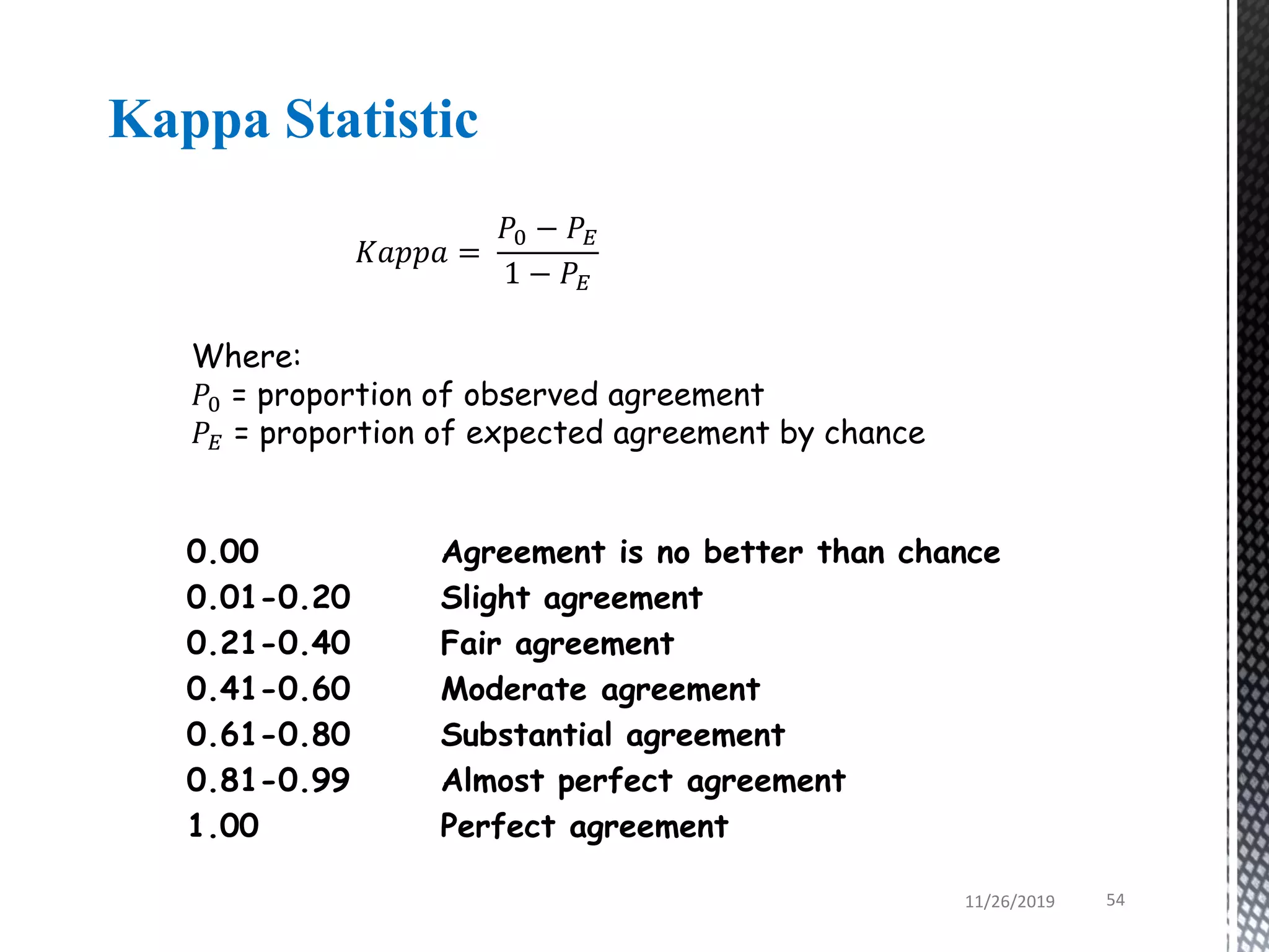 0.00 Agreement is no better than chance
0.01-0.20 Slight agreement
0.21-0.40 Fair agreement
0.41-0.60 Moderate agreement
0.61-0.80 Substantial agreement
0.81-0.99 Almost perfect agreement
1.00 Perfect agreement
Kappa Statistic
𝐾𝑎𝑝𝑝𝑎 =
𝑃0 − 𝑃𝐸
1 − 𝑃𝐸
Where:
𝑃0 = proportion of observed agreement
𝑃𝐸 = proportion of expected agreement by chance
11/26/2019 54
 