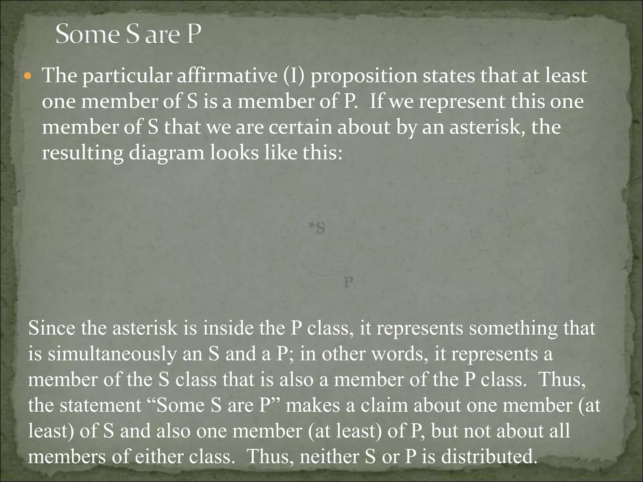  The particular affirmative (I) proposition states that at least
one member of S is a member of P. If we represent this one
member of S that we are certain about by an asterisk, the
resulting diagram looks like this:
Since the asterisk is inside the P class, it represents something that
is simultaneously an S and a P; in other words, it represents a
member of the S class that is also a member of the P class. Thus,
the statement “Some S are P” makes a claim about one member (at
least) of S and also one member (at least) of P, but not about all
members of either class. Thus, neither S or P is distributed.
 