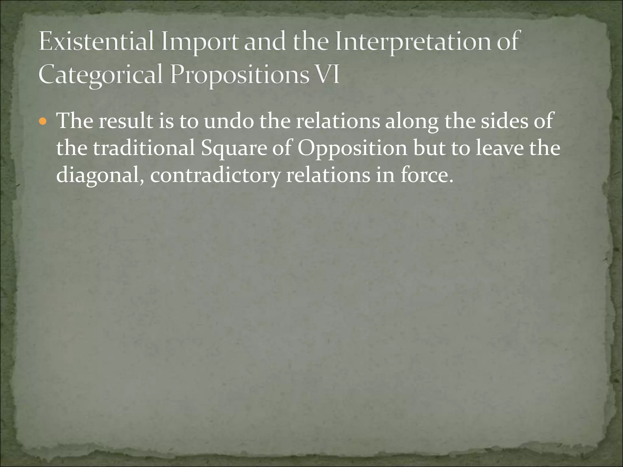  The result is to undo the relations along the sides of
the traditional Square of Opposition but to leave the
diagonal, contradictory relations in force.
 