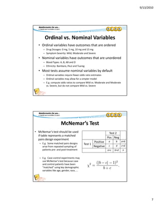9/13/2010
7
Ordinal vs. Nominal Variables
• Ordinal variables have outcomes that are ordered
D D 0 5 10 d 15– Drug Dosages: 0 mg, 5 mg, 10 mg and 15 mg
– Symptom Severity: Mild, Moderate and Severe
• Nominal variables have outcomes that are unordered
– Blood Types: A, B, AB and O
– Ethnicity: Bambara, Peul and Tuareg
• Most tests assume nominal variables by defaulty
– Ordinal variables require fewer odds ratio estimates
– Ordinal variables may allow for a simpler model
– E.g. compute odds ratios to compare Mild vs. Moderate and Moderate 
vs. Severe, but do not compare Mild vs. Severe
McNemar’s Test
• McNemar’s test should be used 
if t bl t t h d
Test 2
if table represents a matched 
pairs design experiment
– E.g.  Some matched pairs designs 
arise from repeated sampling of 
patients pre‐ and post‐treatment
– E g Case‐control experiments may
Pos Neg
Test 1
Positive a b a+b
Negative c d c+d
a+c b+d n
E.g.  Case control experiments may 
use McNemar’s test because case 
and control patients have been 
“matched” using key demographic 
variables like age, gender, race, ...
 