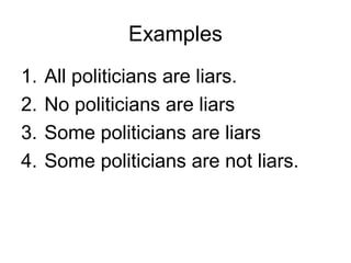 Examples
1. All politicians are liars.
2. No politicians are liars
3. Some politicians are liars
4. Some politicians are not liars.
 